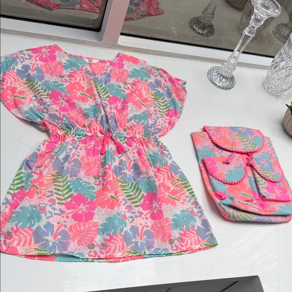 Angels Pink and Blue Floral swim cover up with matching backpack. Size 11-12yr